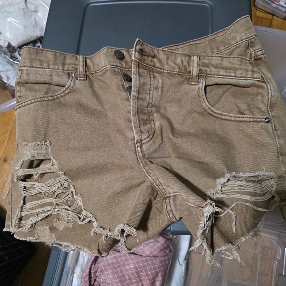 Free People Pants - We The Free Free People Distressed Denim Shorts Tan Brown Button Fly Size 29